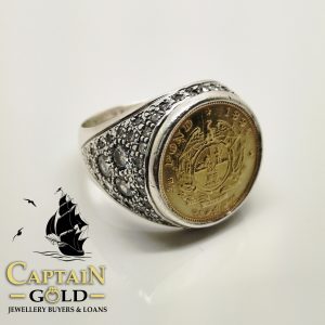 coin ring, half pond zar, diamonds in silver