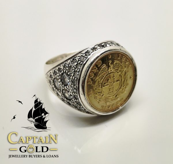 coin ring, half pond zar, diamonds in silver